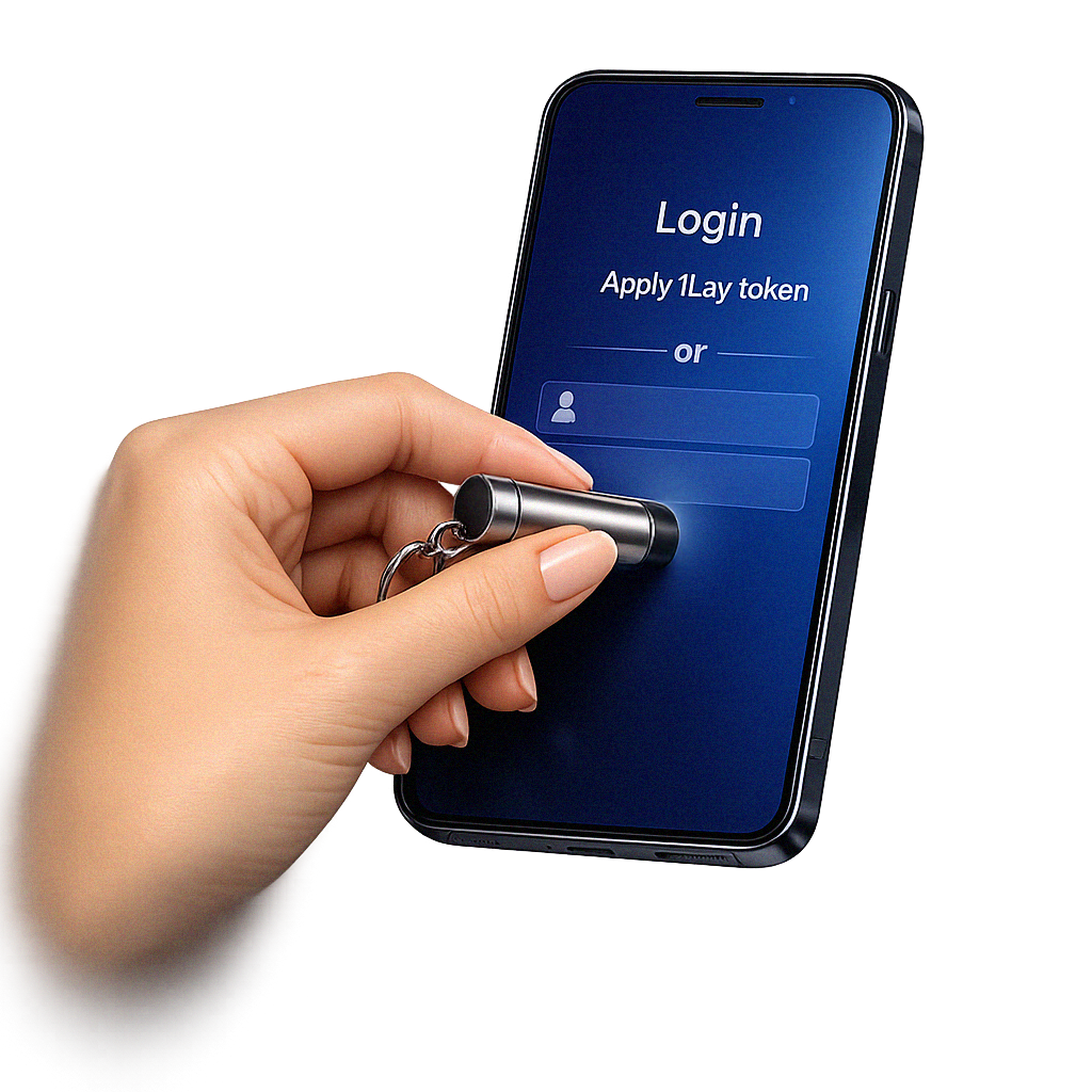 1Lay touchscreen key confirming mobile actions without USB NFC or Bluetooth